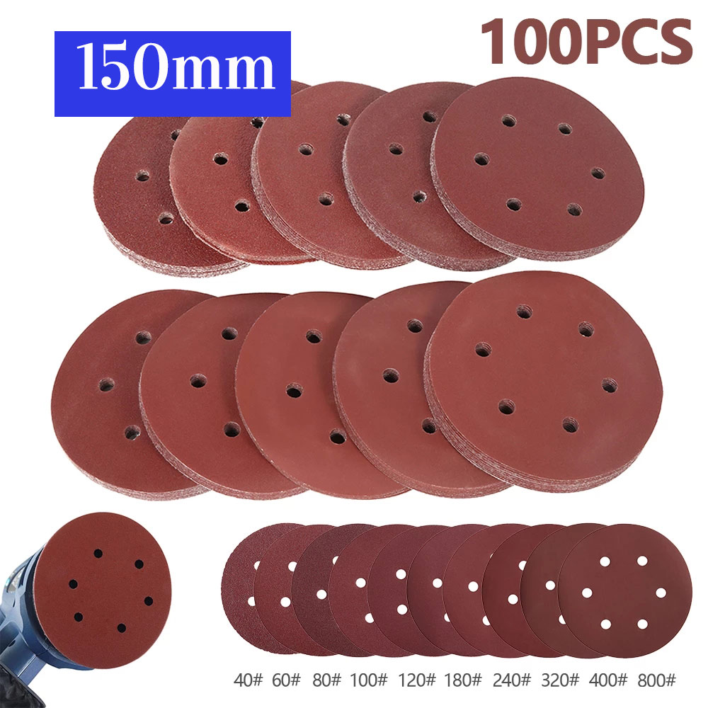 100 Pcs 6In 150mm Round Sandpaper Set Six Hole Disk Sand Sheets Grit 40-800 Sanding Discs Hook Loop Sanding Paper Buffing Sheet