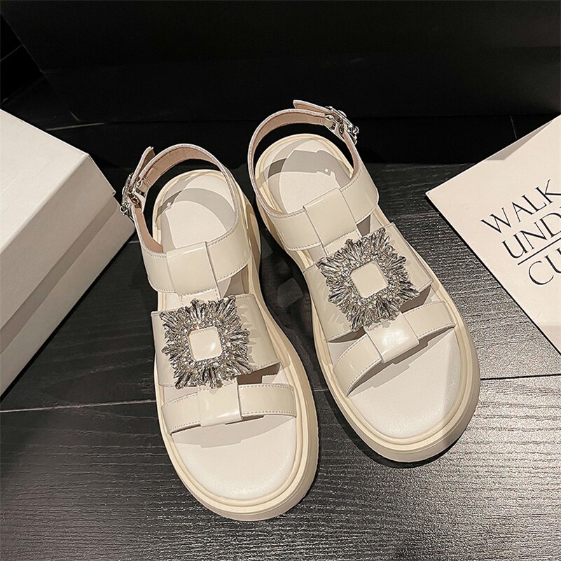 Meotina Shoes Women Genuine Leather Gladiator Sandals Flat Platform Sandals Crystal Buckle Ladies Footwear Summer Beige Black 40