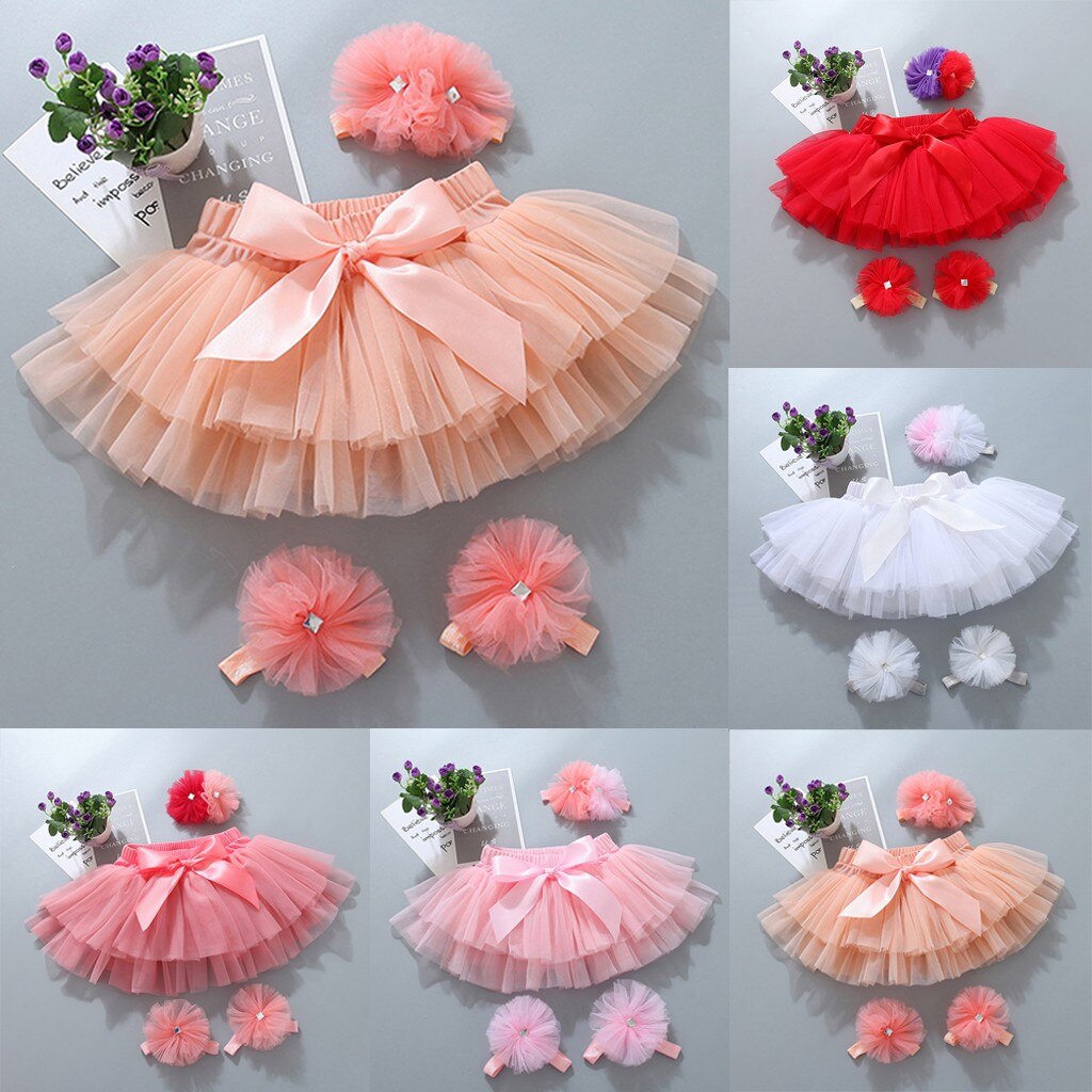 Småbørn barn baby pige mesh sløjfe hårbånd fodstrop prinsesse nederdel flerlags blonder tutu baby pige tøj