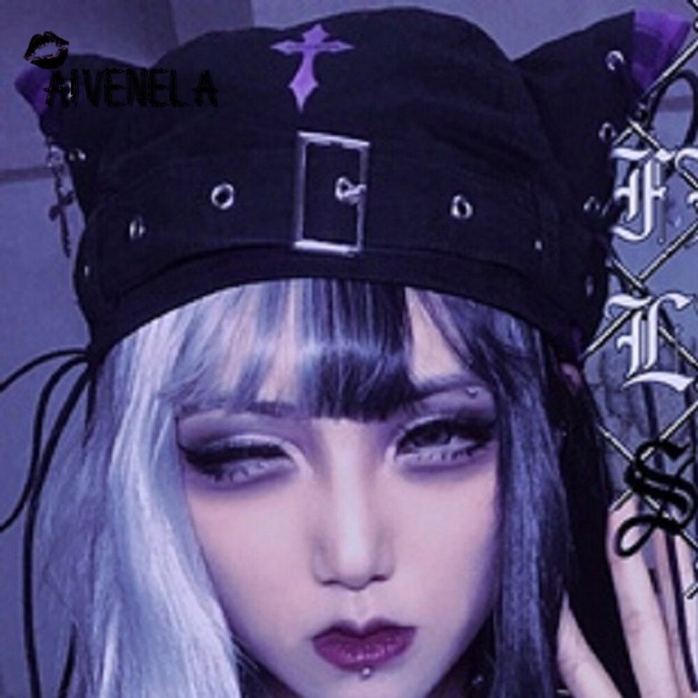 Indywidualny kapelusz Streetwear punk Harajuku gotyckie ucho kota czarny beret głaz krzyż kapelusz wędkarski biodro chmiel damskie kapelusze AFC862