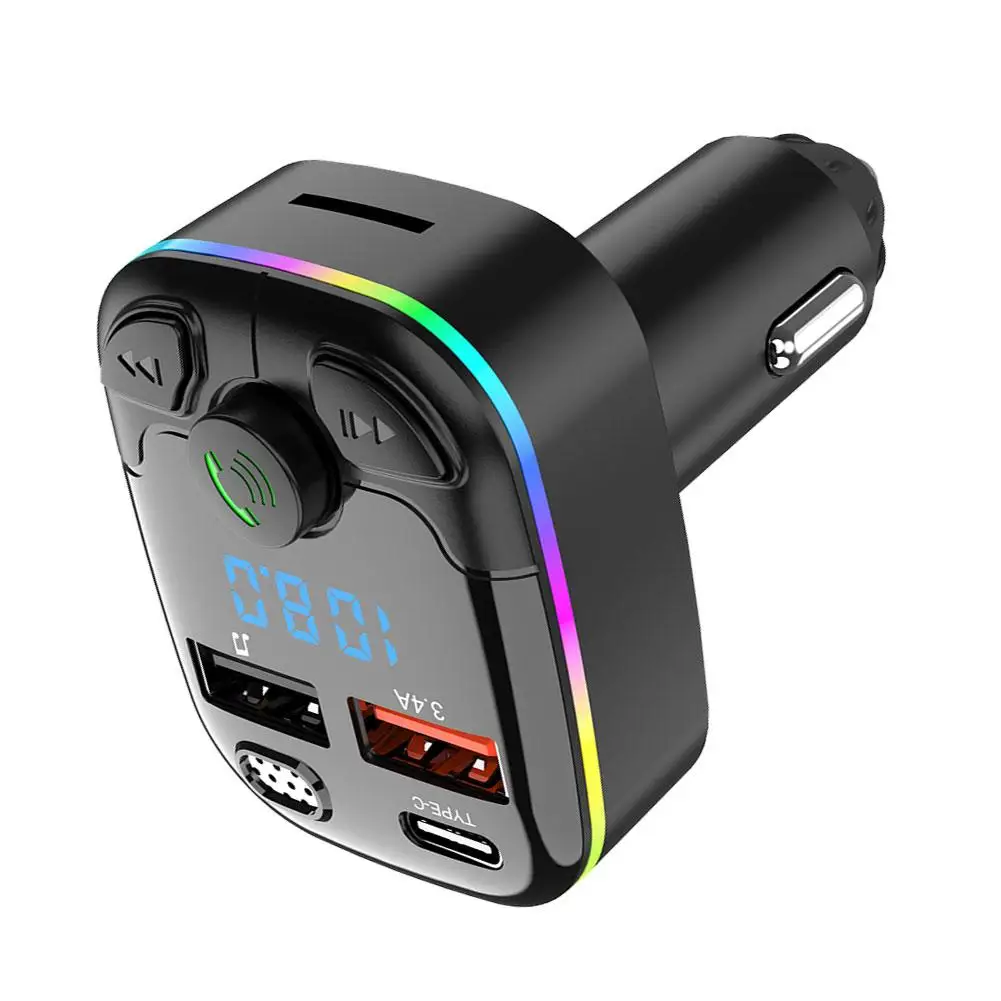 3.4A Bluetooth 5.0 PD Dual USB Car Charger MP3 Charger Type-C Wireless Light Charge Adapter in Car For iPhone Huawei Xiaomi OPPO