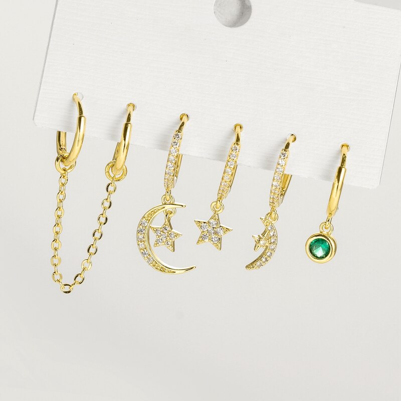 Juego de pendientes de aro de circonio cúbico a la para mujer, conjunto de pendientes de luna y estrella, joyería de boda , 6 uds.: Default Title