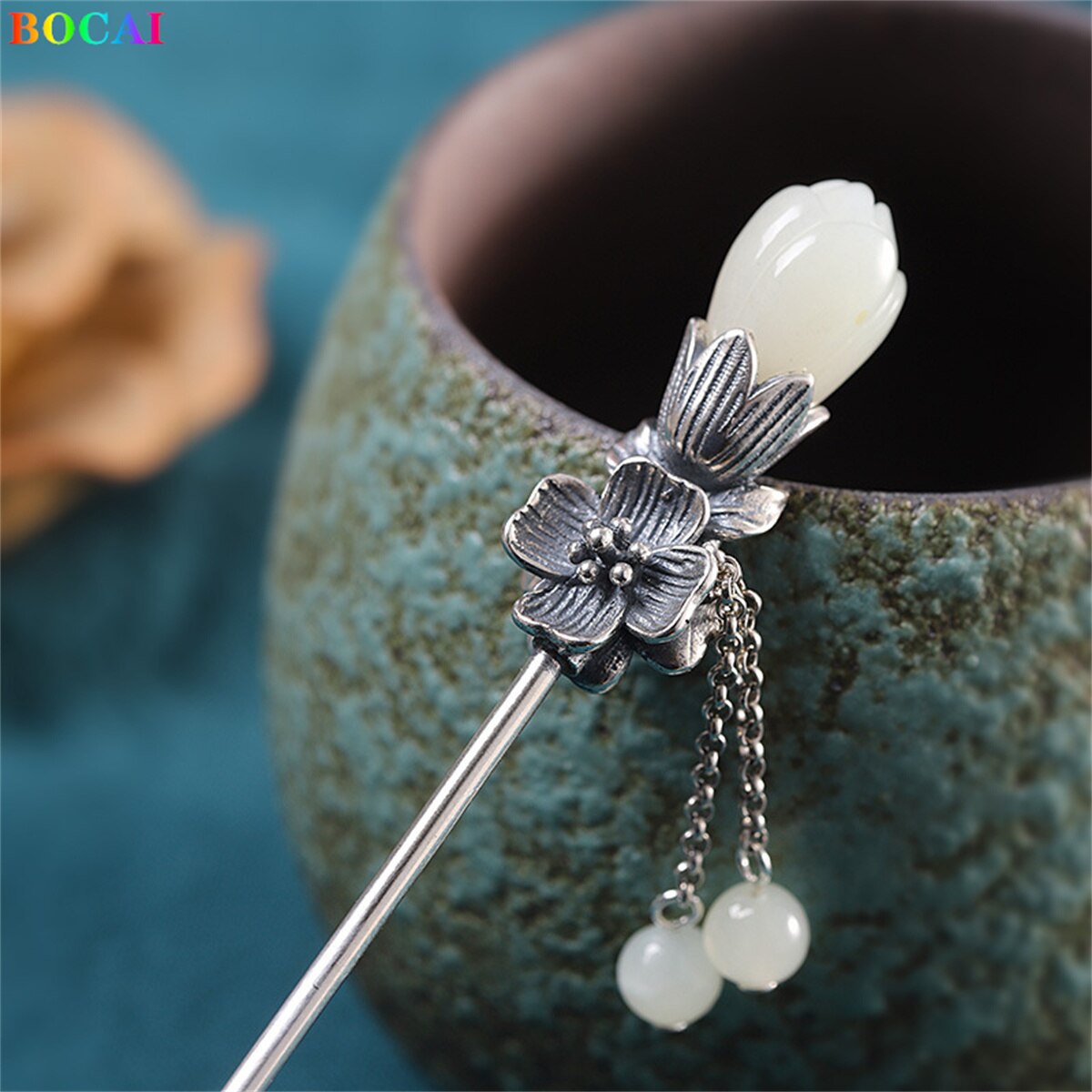 Bocai  s925 haaraccessoires aus sterlingsilber, beliebter cymbidium-jade-quasten-kopfschmuck, haarnadel aus reinem silber, schmuck für damen