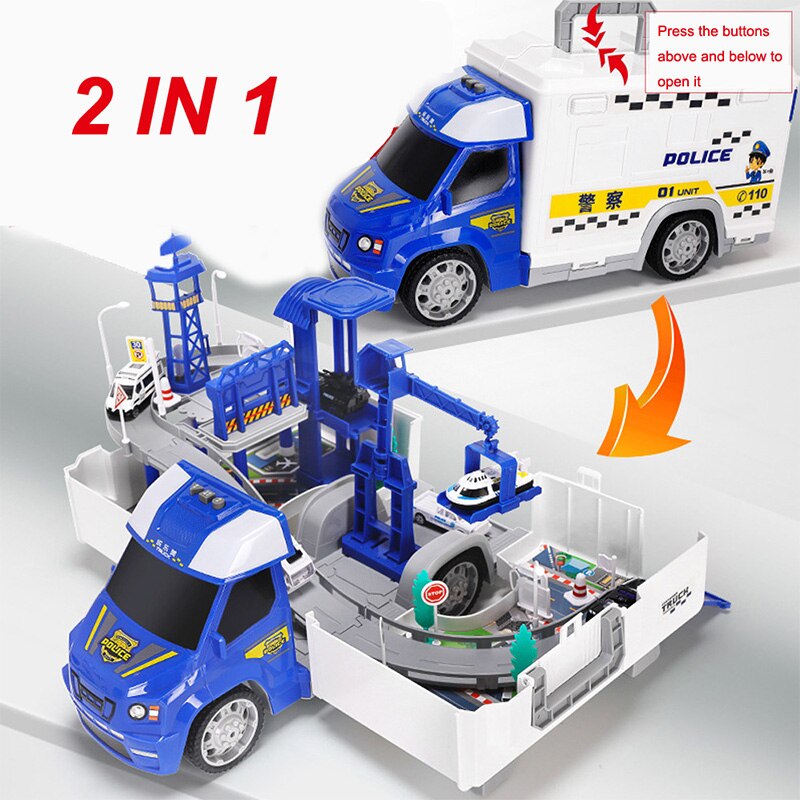 2 in 1 spoorwegracebaan elektrische auto speelgoed parkeerplaats met lichte muziek assembleer container vrachtwagen baan speelgoed voor jongens