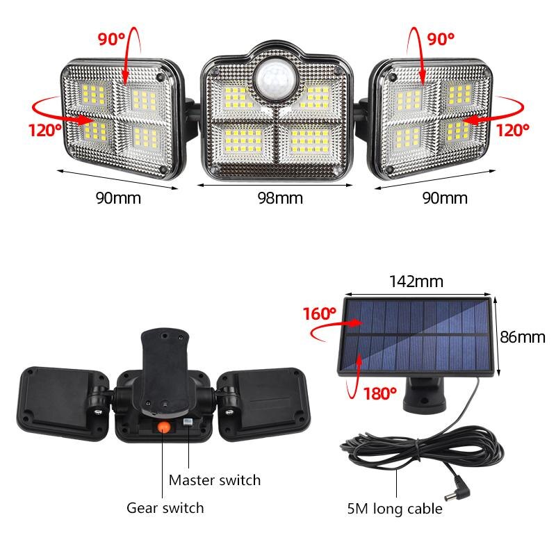 Solar LED Light Outdoor Motion Sensor Solar Powered Garden Lamp 3 Heads Remote Control Waterproof Wall lamp For Garden Street