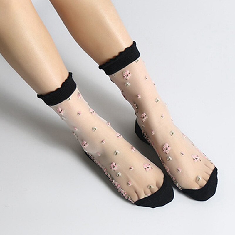 Kvinders sokker åndbare sportssokker gennemsigtig tynde blomsterblonder sokker krystal silke korte ankelstrømper sommer