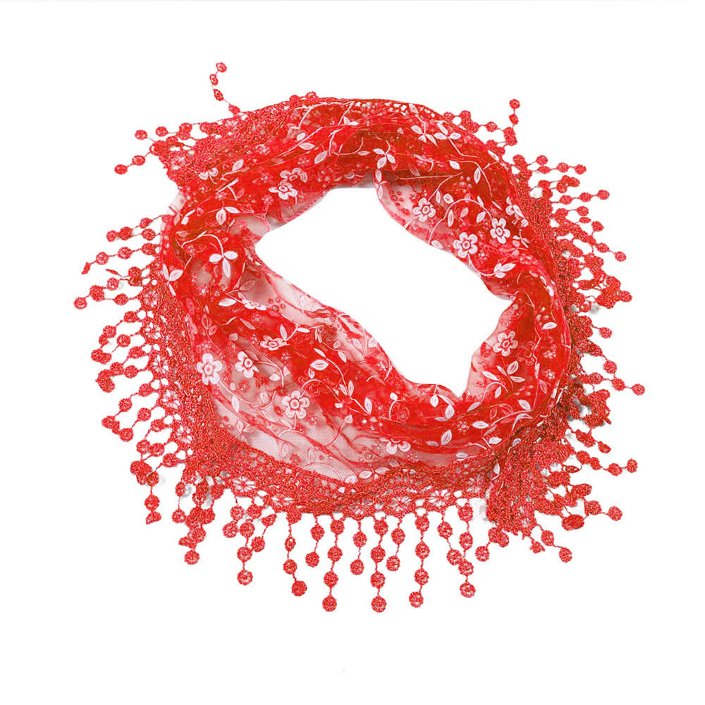 Triangle Women Scarf Lace Floral Summer Beach Tassel Scarves Chiffon Silk Wrap Pashmina Stole Foulard 9M15: Red
