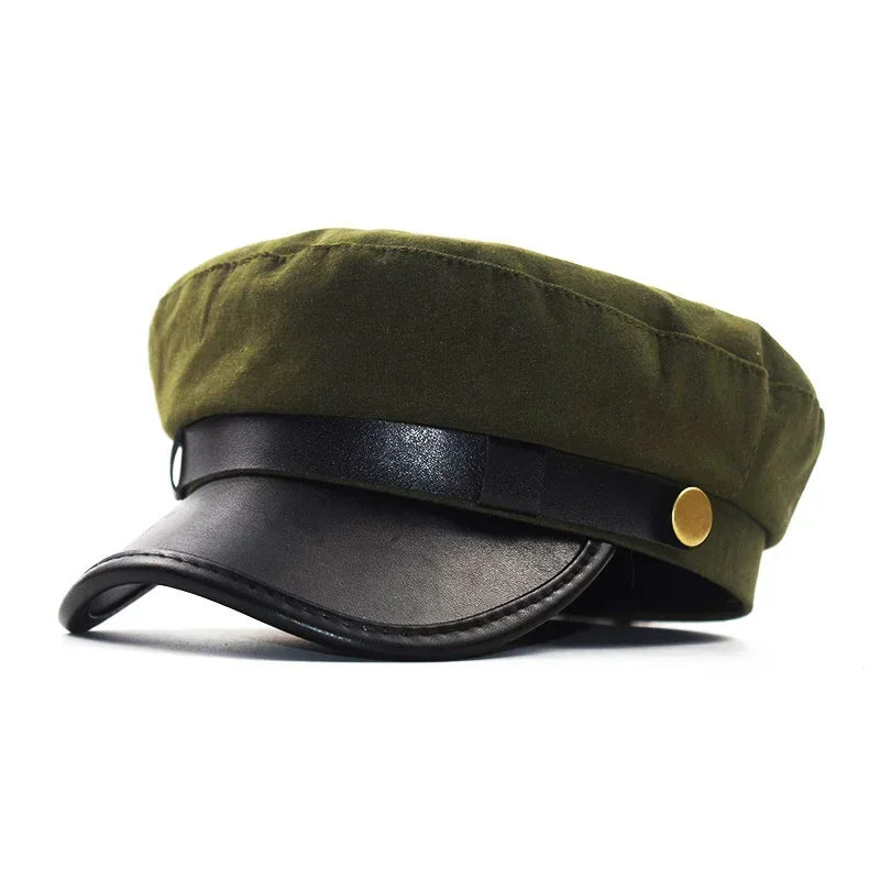 Chapeau en cuir PU automne chapeaux de marin pour hommes femmes Style britannique chapeau de voyage étudiant chapeau capitaine chapeau plat casquettes femmes chapeau: vert militaire