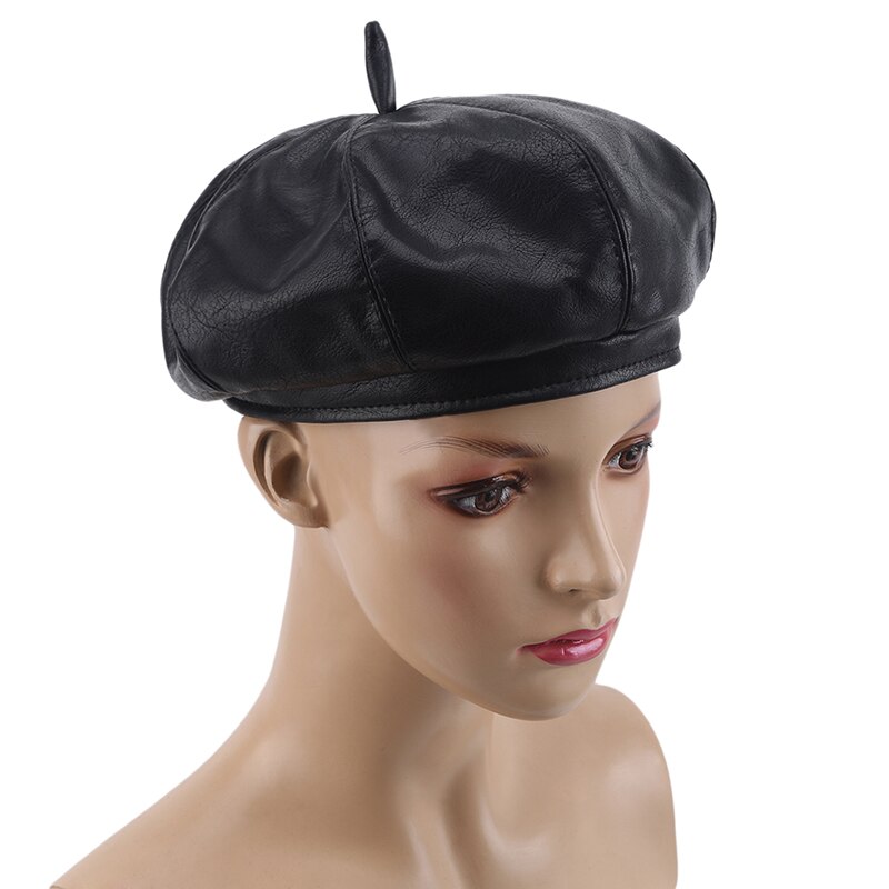 Boina de cuero PU para mujeres, de señoras, gorras negras, azafata, boina roja amarilla, Otoño Invierno, sombreros de artista: black