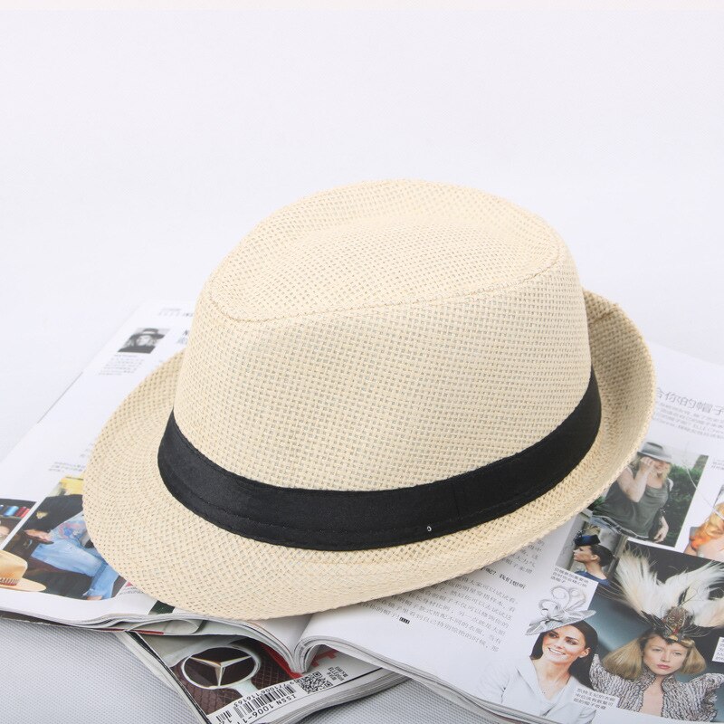 Jazz männer Hut Woven Stroh Sonnenschirm Hut Lässig Hut Gürtel Schnalle Strand Hut Stroh Sonnenhut Weiß Hochzeit Schwarz Gürtel frauen Fedoras Gorro: NO.2-Beige
