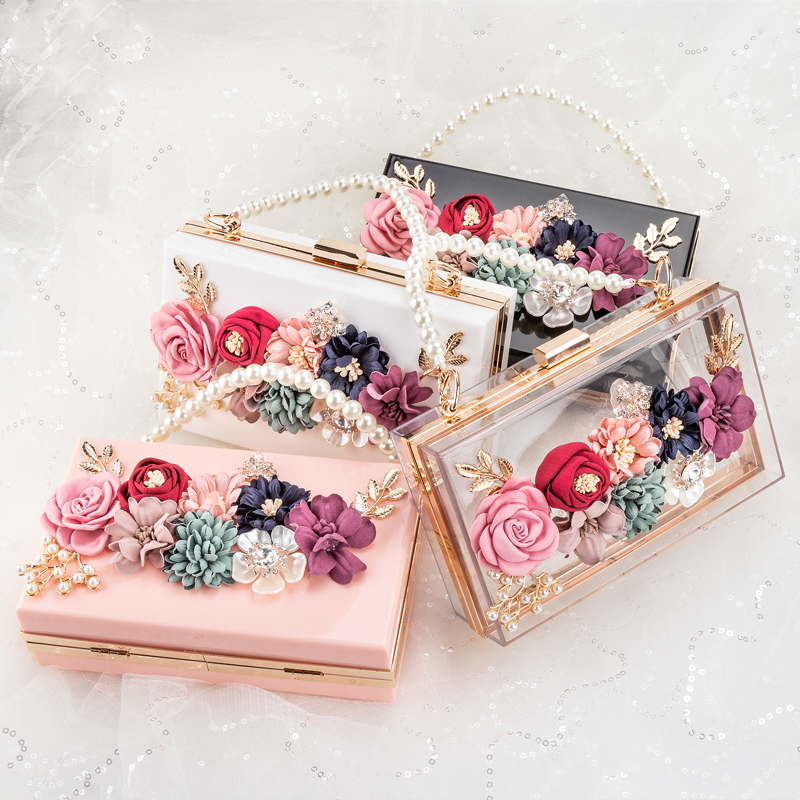 Women Luxury Evening Bags Wedding Party Pearl Flower Bride Handbag Crossbody Clear Hard Box Clutch Transparent Chain Bag