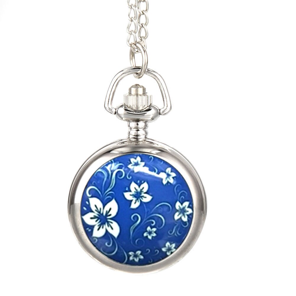 Vintage dames zakhorloge met legering, blauwe bloemenpatroon, damestrui, ketting, hanger, klok, tt@ 8