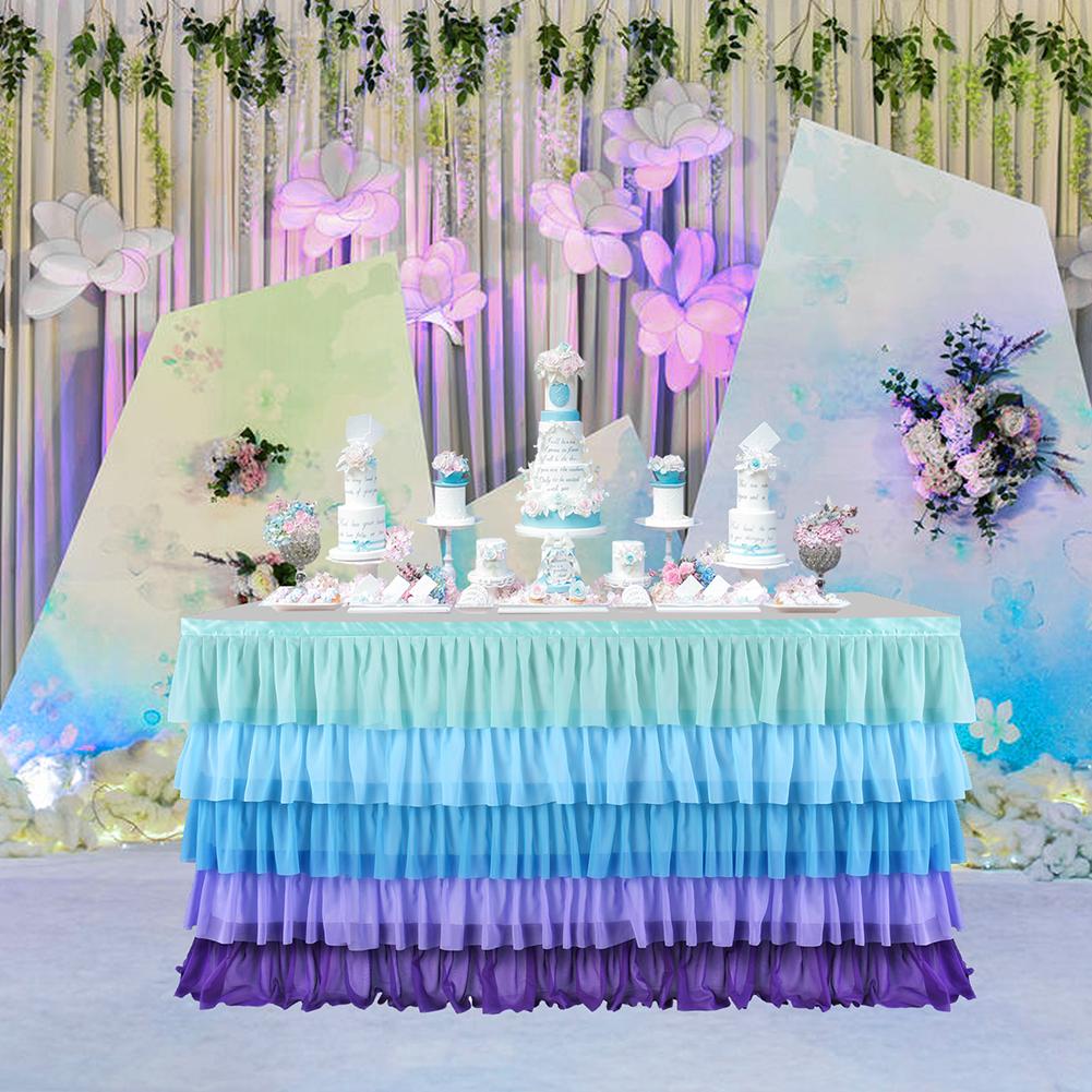 5 Layers Blue Tulle Table Skirt Splicing Chiffon Tutu Table Skirts for Wedding Birthday Baby Shower Party Table Skirting