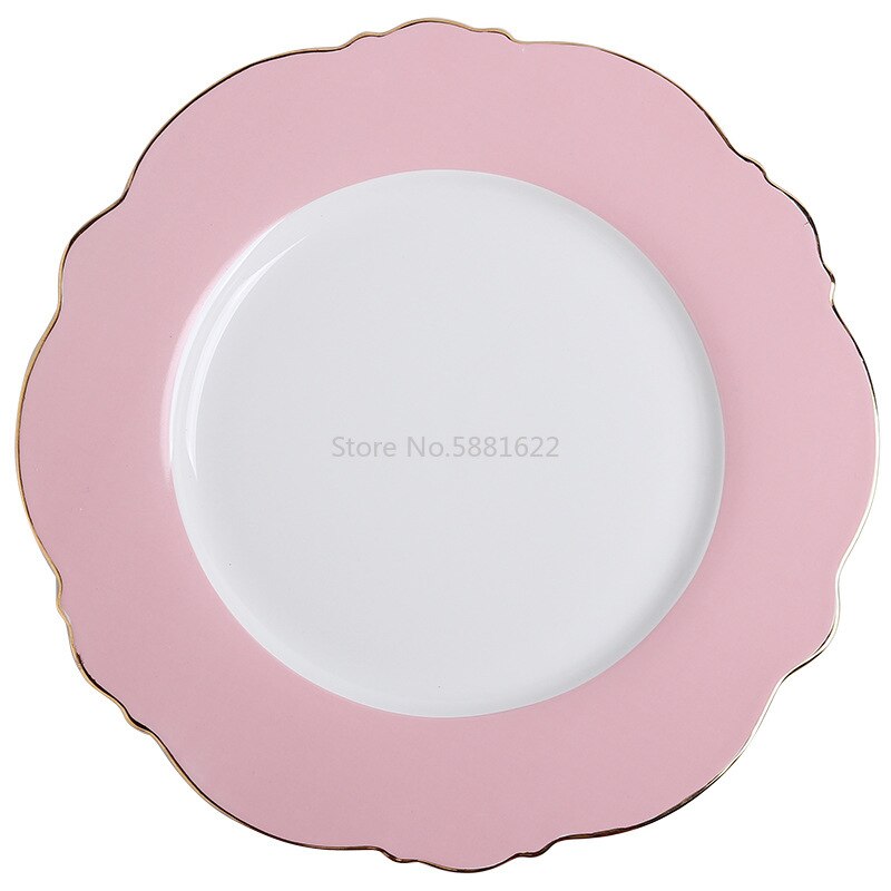Ceramic Plate Pink Wave Point Simple Flat Plate Western Steak Plate Girl Heart Set Irregular Golden Girl