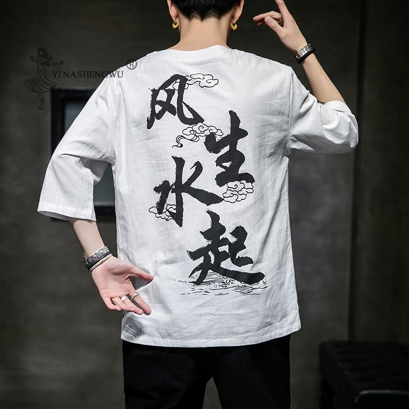 Japanska män kort halvärmad kimonoskjorta t-shirt broderad japan harajuku byxa asiatisk manlig yukata haori koftadräkt