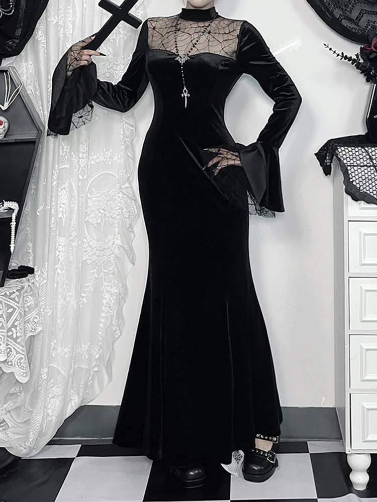 AltGoth-vestido Midi gótico oscuro de terciopelo para mujer, ropa de calle, estilo chino Vintage, tela de araña, malla de retales, vestido de de manga larga: S