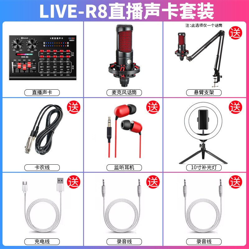 R8 Dal Vivo Scheda Audio Set di Ancoraggio Canto Attrezzature Mobile Del Telefono Voce Microfono Del Computer Microfono per Tutti I K Canzone Utile Del Prodotto: Package 2  V8 Sound Card   Barley Head   Earphone   Cantilever Support 26cm Flood Lamp