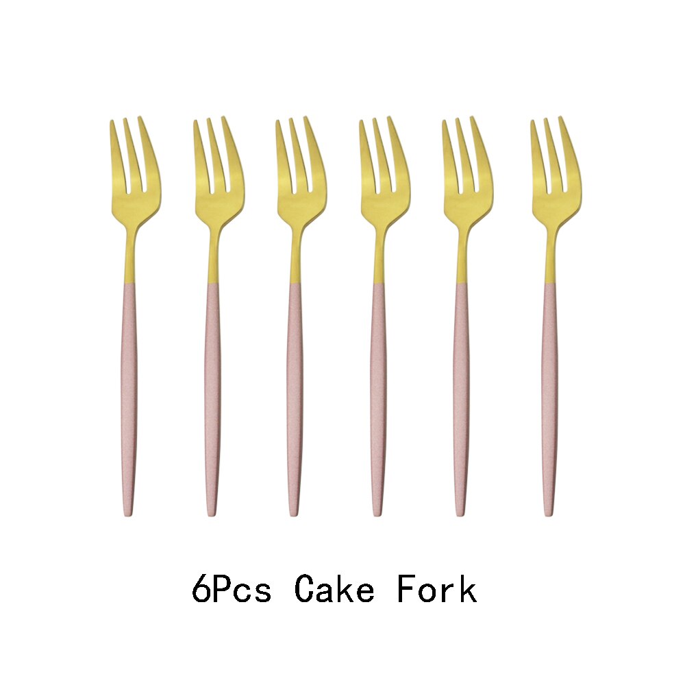 6Pcs Coloful Fork Set Tea Cake Snack Forks Dinnerware Cutlery Matte Stainless Steel Tableware Dessert Fruit Fork Silverware Set: Pink Gold