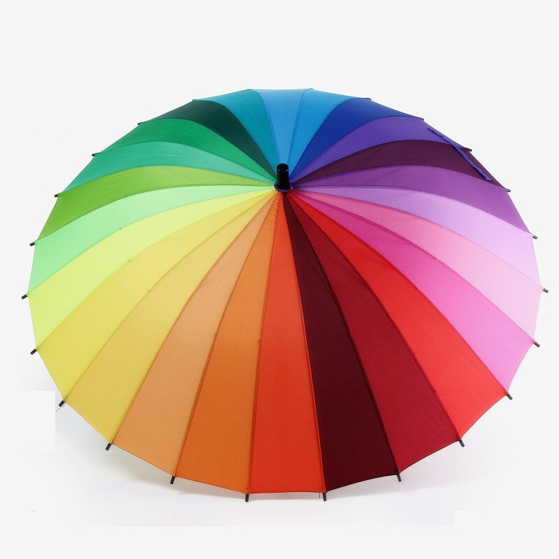 24k ribbe farge regnbue langt håndtak rett anti-uv sol/regn stick paraply manuell stor parasoll