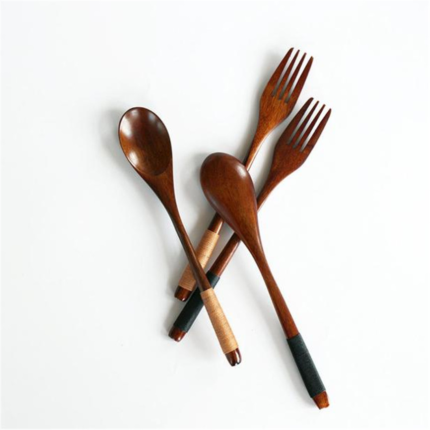 Wooden Spoon Bamboo Kitchen Cooking Utensil Tool Soup Teaspoon Catering Wood Spoon+Wood Fork &