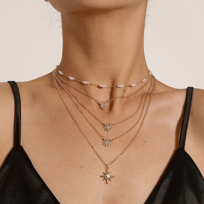 Strass Ketting Vrouwen North Star Hanger Kettingen Vrouw Chain Sieraden Dames Liefhebbers Gelaagde Goud Kleur Party Metalen Collares