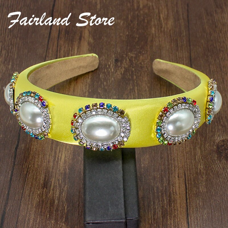 Fairland Industria Pesante Handmade Barocco Della Perla Del Rhinestone Rotondo Stellato Stagnola di Oro Romantico Archetto Imbottito Pieno di Cristallo Delle Donne: yellow headband
