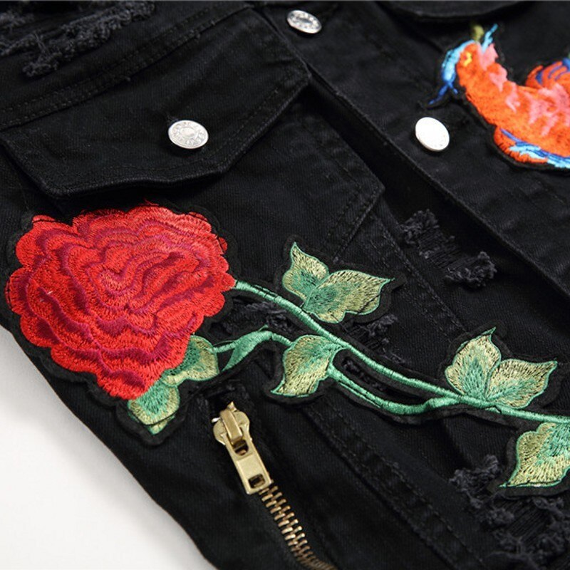 Mens Denim Vests Summer Distressed Sleeveless Black Jaqueta Masculina Slim Fit Embroidery Flower Casual Jeans Vest