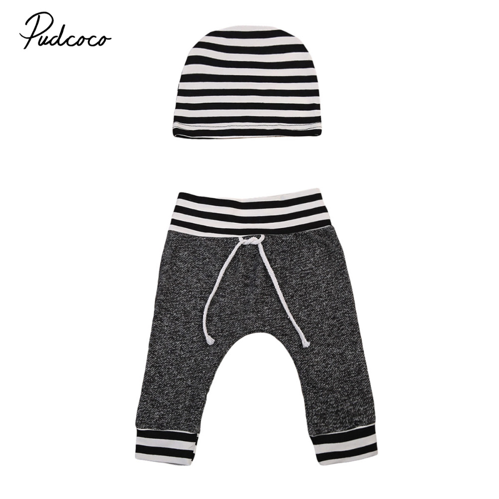 Pasgeboren Peuter Baby Baby Jongens Meisjes Broek Gestreepte Gedrukt Bottom Casual Broek Hoed 2 Stuks