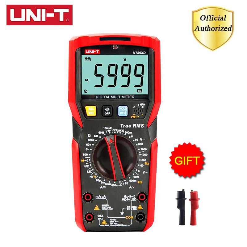 UNI-T UT89XD Digital Multimeter True RMS 1000V 20A AC DC Voltmeter Capacitance Resistance Tester with LED Measure: UT89XD with Clips
