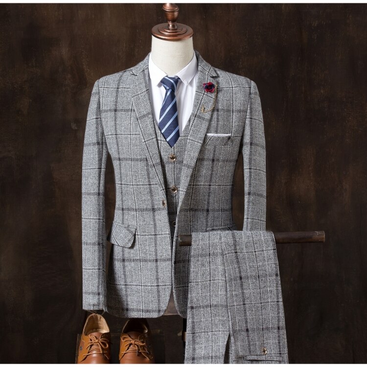 (Jacket + vest + pants) men's slim suit, high-end business plaid suit jacket, men's wedding banquet dress three-piece: light grey / XL