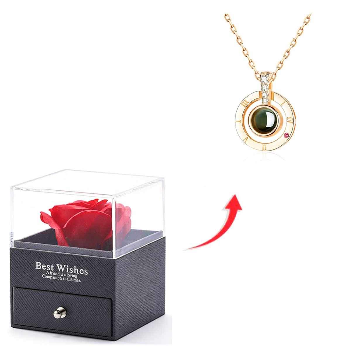 impostato di collane di proiezione con confezione regalo di rosa 100 lingue Ti amo Gioielli con ciondolo a forma di cuore Accessori di vendita caldi Dropshipping: Rhodium placcato