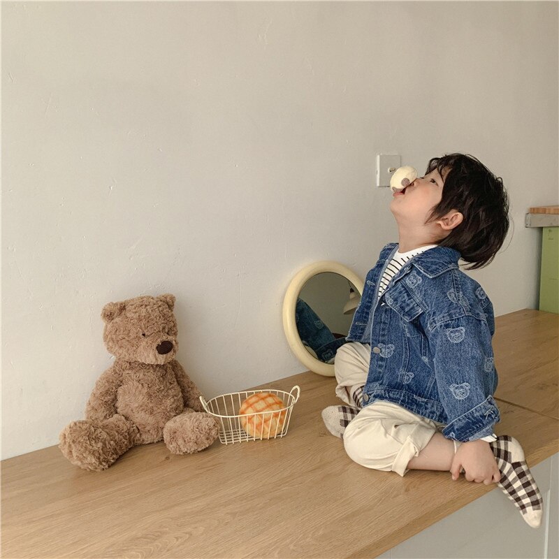 2021 stile coreano autunno bambini ragazzi ragazze cappotto cartone animato orso stampa maniche lunghe giacche di jeans bambini capispalla stile Casual E5366