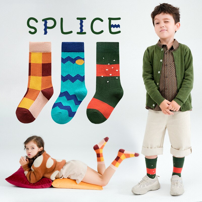 3 Pair/lot Kids socks cotton made Girls Boys Mid Socks half joint pattern for Spring and Autumn Kids Student Socks
