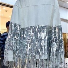 Denim Mantel Frauen Frühling Herbst Neue Single Schnalle Pailletten Quaste Schwarz Weiß Jeans Jacke frauen Grund Denim Jacken