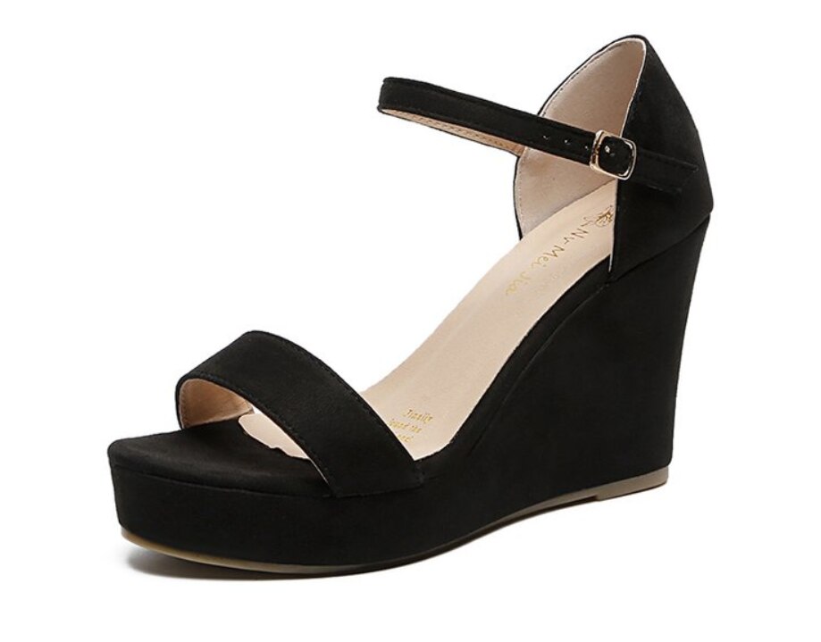 Kvinnor skor platå sandaler kvinnor peep toe hög kilar klack ankel spännen sandalia espadrilles kvinnliga sandaler skor: Svart / 8.5