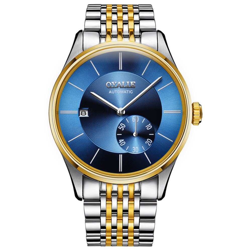 Luxus Herren Skelett Automatische Mechanische Uhr Männer Lederband 30M Wasserdicht Männlichen Armbanduhren: Gold-Blau