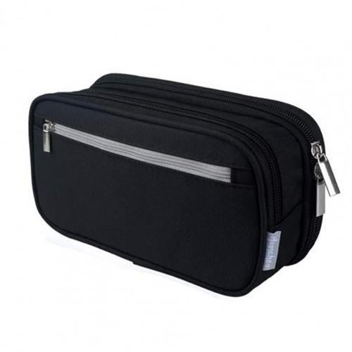 Pen Bag Waterproof Easy to Grasp Canvas Three-layer Pencil Case for School: black