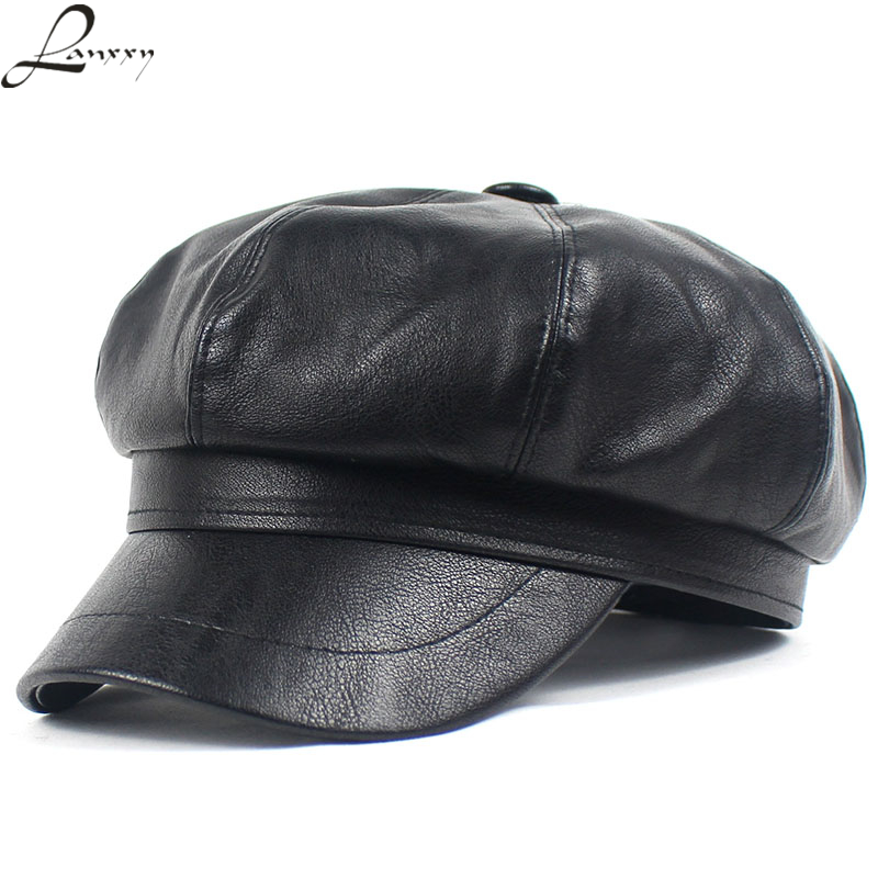 Lanxxy Autumn Winter Newsboy Caps for Women Vintage Solid Leather Beret Cap Casquette Hats Female