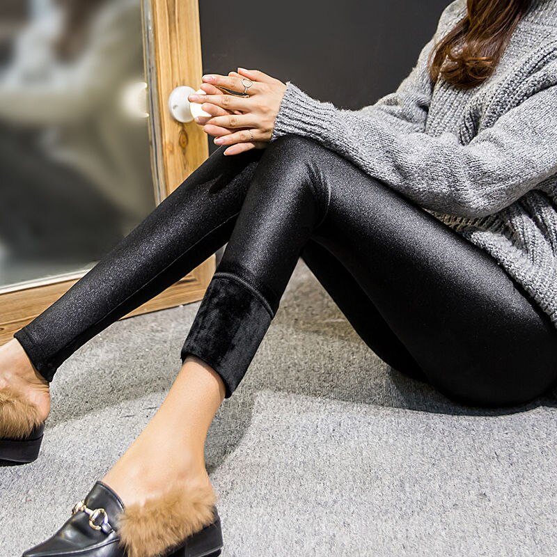 Mallas gruesas de lana para mujer, Leggings gruesos, ajustados, a la , informales, brillantes, de cintura alta, color negro, para Otoño e Invierno