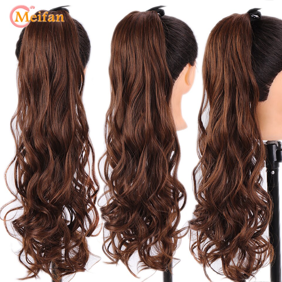 MEIFAN-coletero largo ondulado rizado, extensión de cabello con cordón, postizo sintético Natural con horquillas