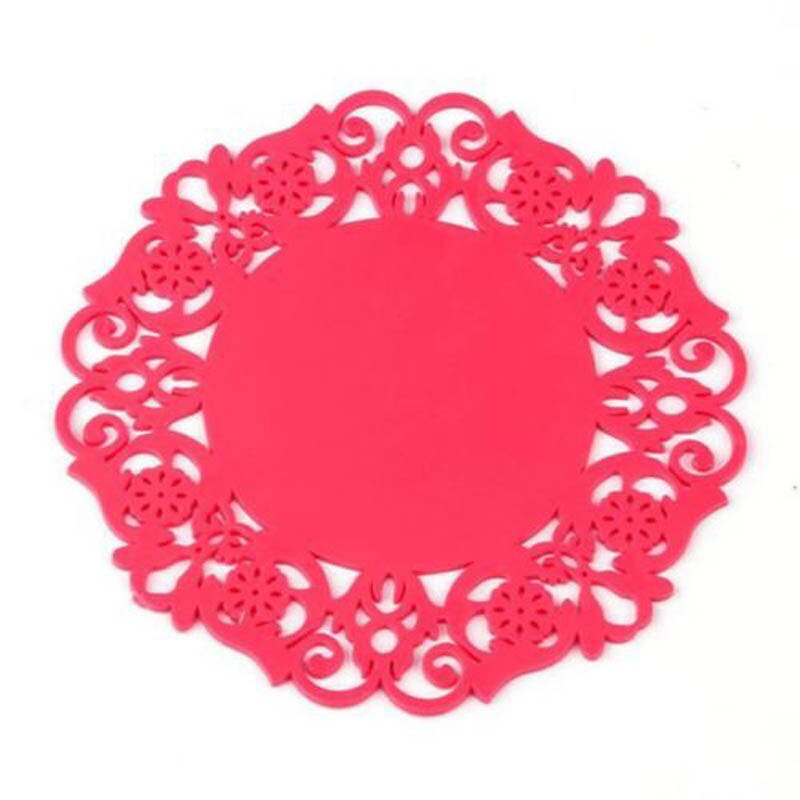 Hollow Lace Flower Round Silicone Coaster Heat Resistant Table Cups Pads FP8: Burgundy