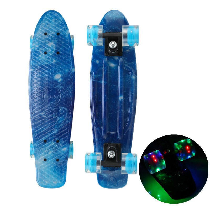 Skateboard mini cruiser fish skate board led blinkende lys plast galakse stjernehimmel trykt longboard til street outdoor sport: Blå