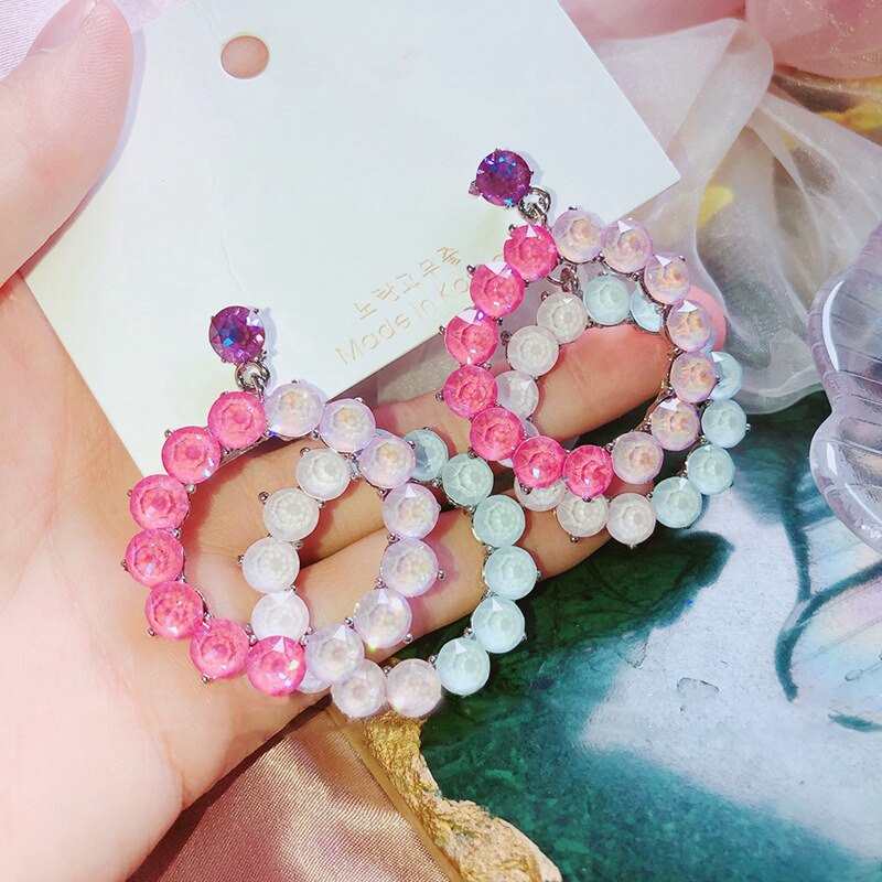 MENGJIQIAO Koreanische Großen Doppel Kreis Bunte Kristall Ohrringe Für Frauen Schmuck Geometrische Partei Pendientes