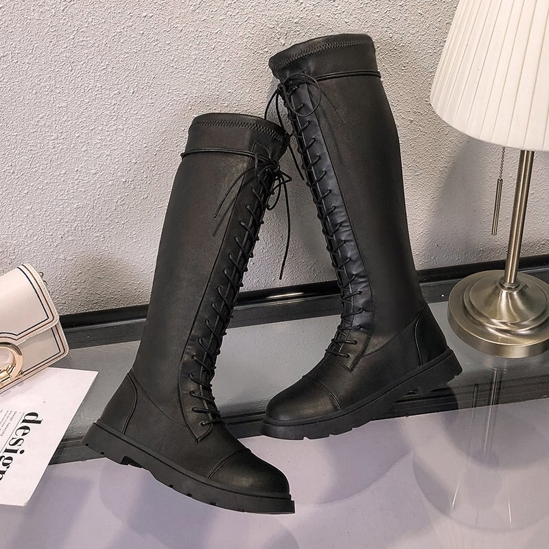 Rimocy elastiska stövlar med snörning dam bekväma platta knähöga stövlar kvinna slim fit långa pu läderskor dam