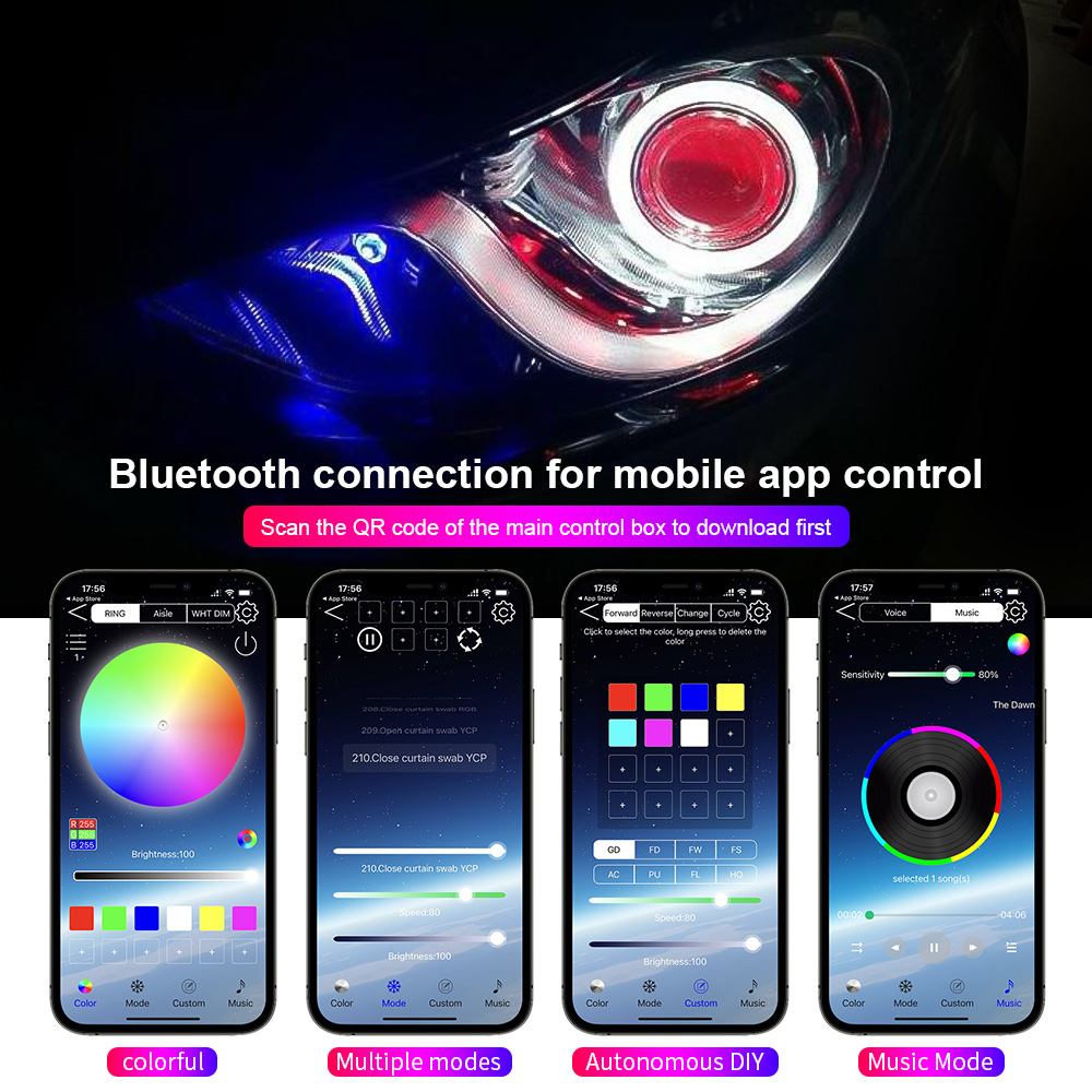 Bil LED Angel Eyes Halo Ringar - RGB med Blinkers - 60mm till 120mm - APP Bluetooth DRL Strålkastare