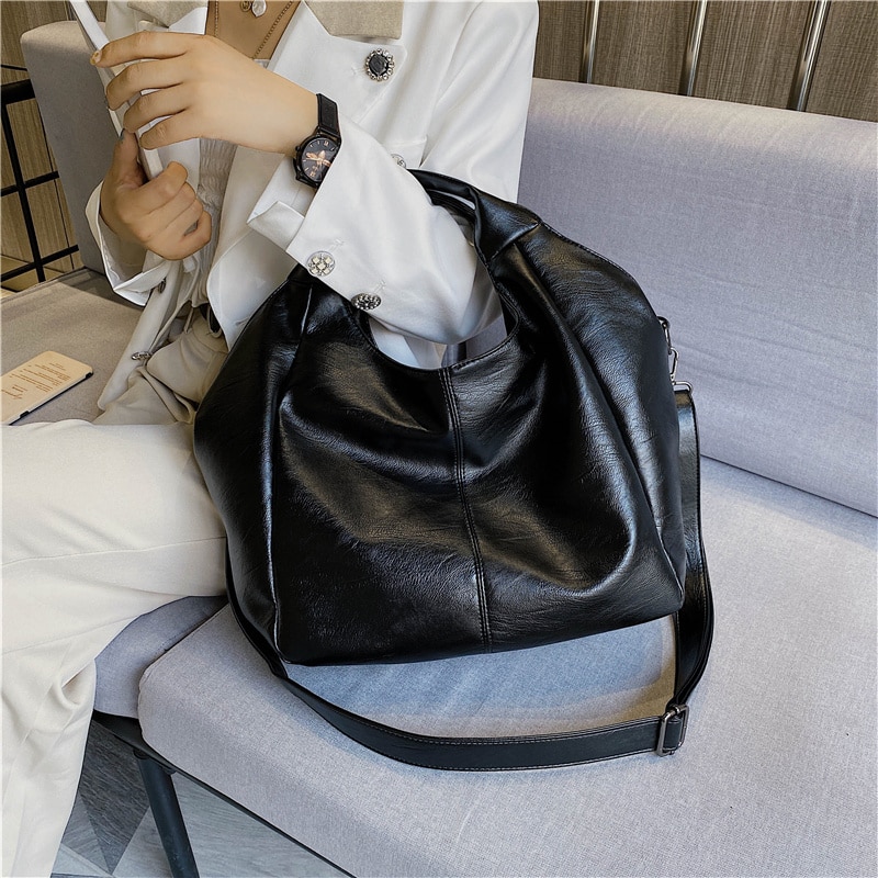 Große Kapazität Frauen Schulter Hobo Taschen Schwarz Breiten Gurt Cossbody Tasche Weichen PU Leder Casual Tote Tasche für Dame sac EIN Haupt