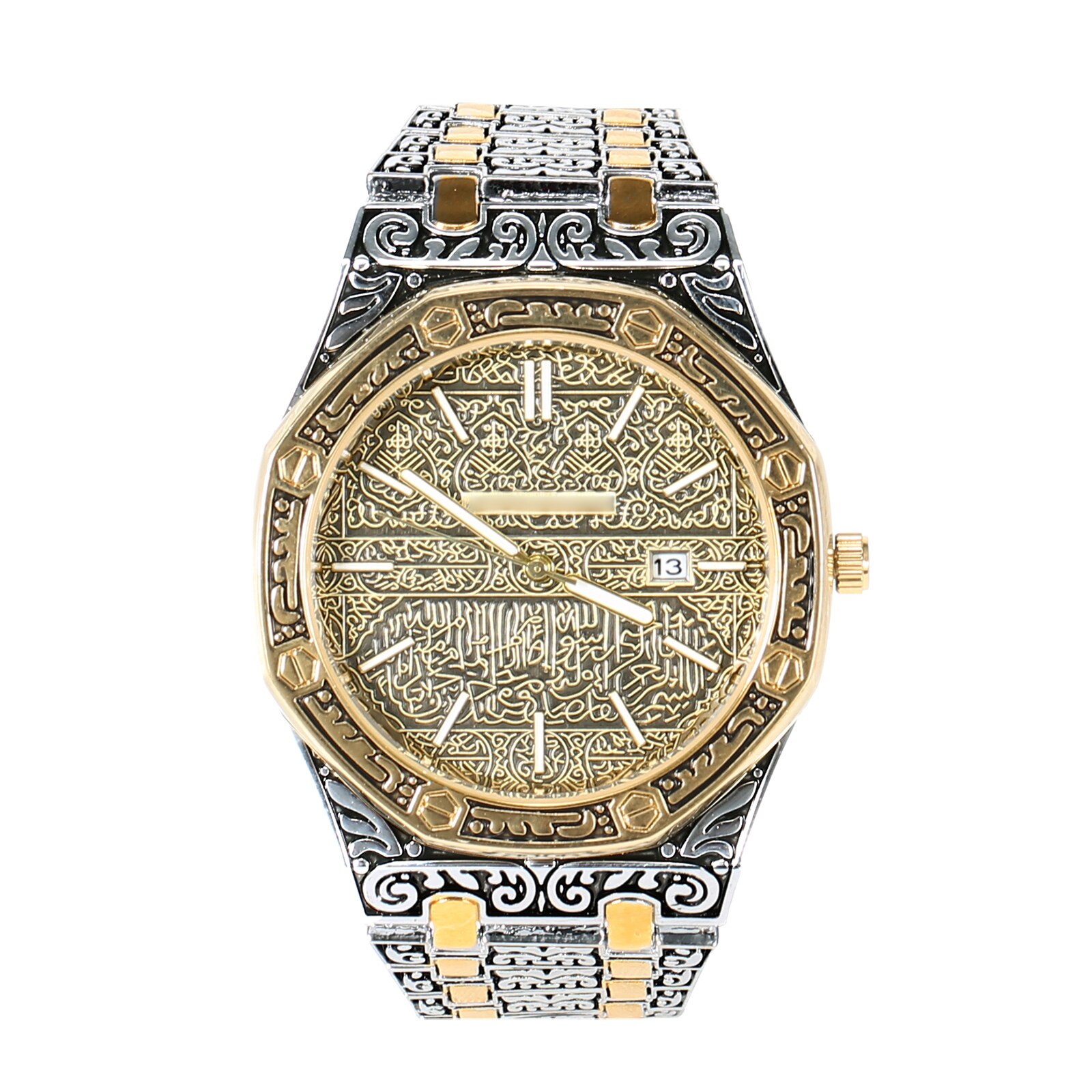 Meca Edition-Reloj de pulsera clásico tallado para hombre, reloj de pulsera islámico de lujo para negocios, tric889: silver and gold