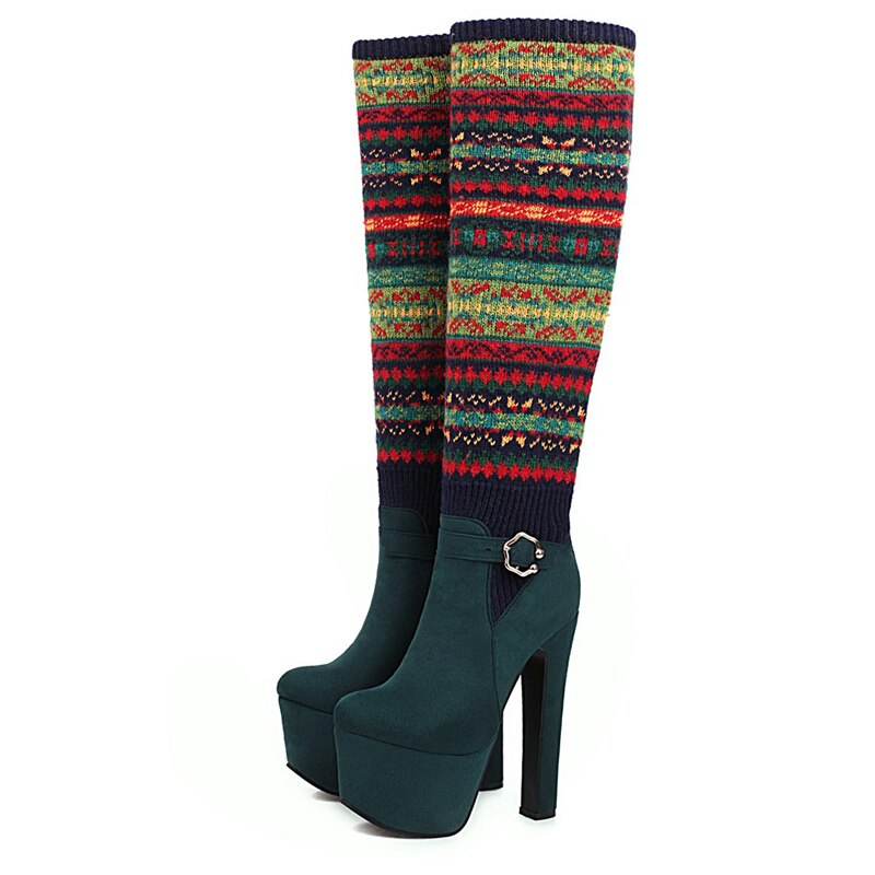Cuissardes à plateforme pour femme, chaussures d&#39;hiver à talons hauts, motif de noël, WSH3700