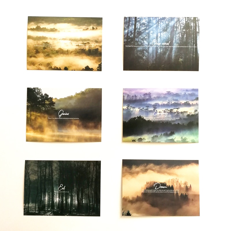 30 unids/set Foggy Forest con frase inglesa clásica Selección de tarjetas de paisaje de fotografía de bosque postales
