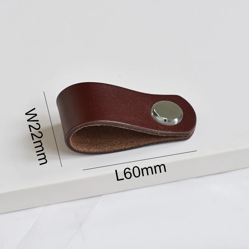 Boutons en cuir marron meubles rétro européens tiroir armoire porte poignée placard armoire à chaussures peau de vache tire bouton: Chrome